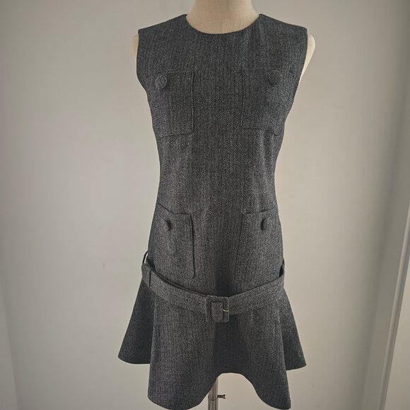 Self-Portrait Grey Herringbone Flared Mini Dress - Picture 2 of 13